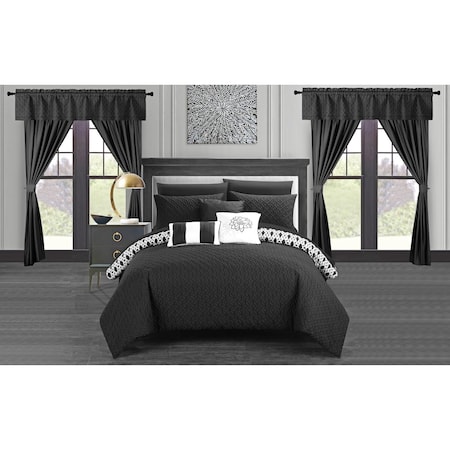 20 Piece Rotem Reversible Geometric Quilted Design Comforter Bedding Set, Black - Queen, 20PK